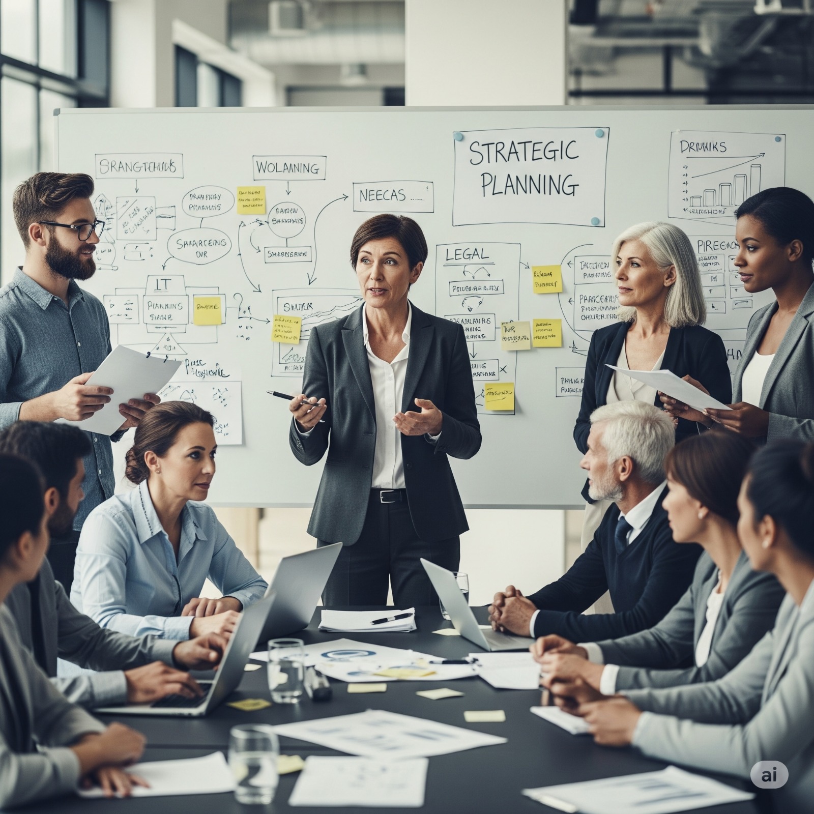 Middle manager in strategic planning session with multiple teams and stakeholders