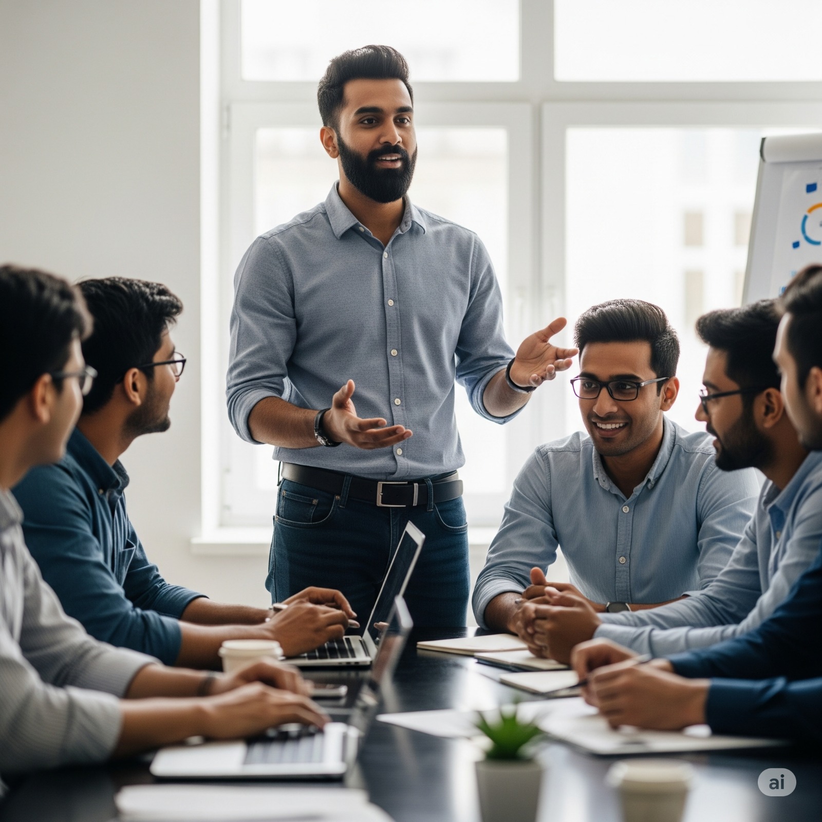 Indian tech manager demonstrating leadership skills in team meeting, showing confidence, communication, and decision-making