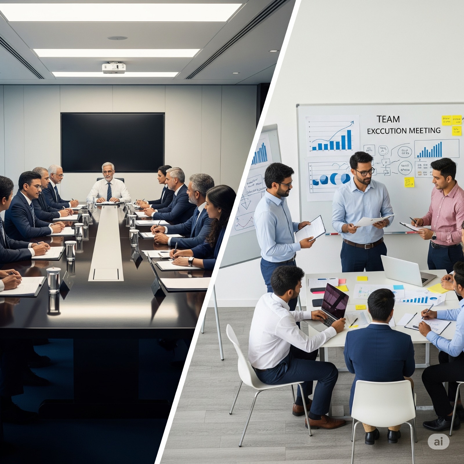 Side by side comparison showing Indian company board meeting (administration) vs. team execution meeting (management)
