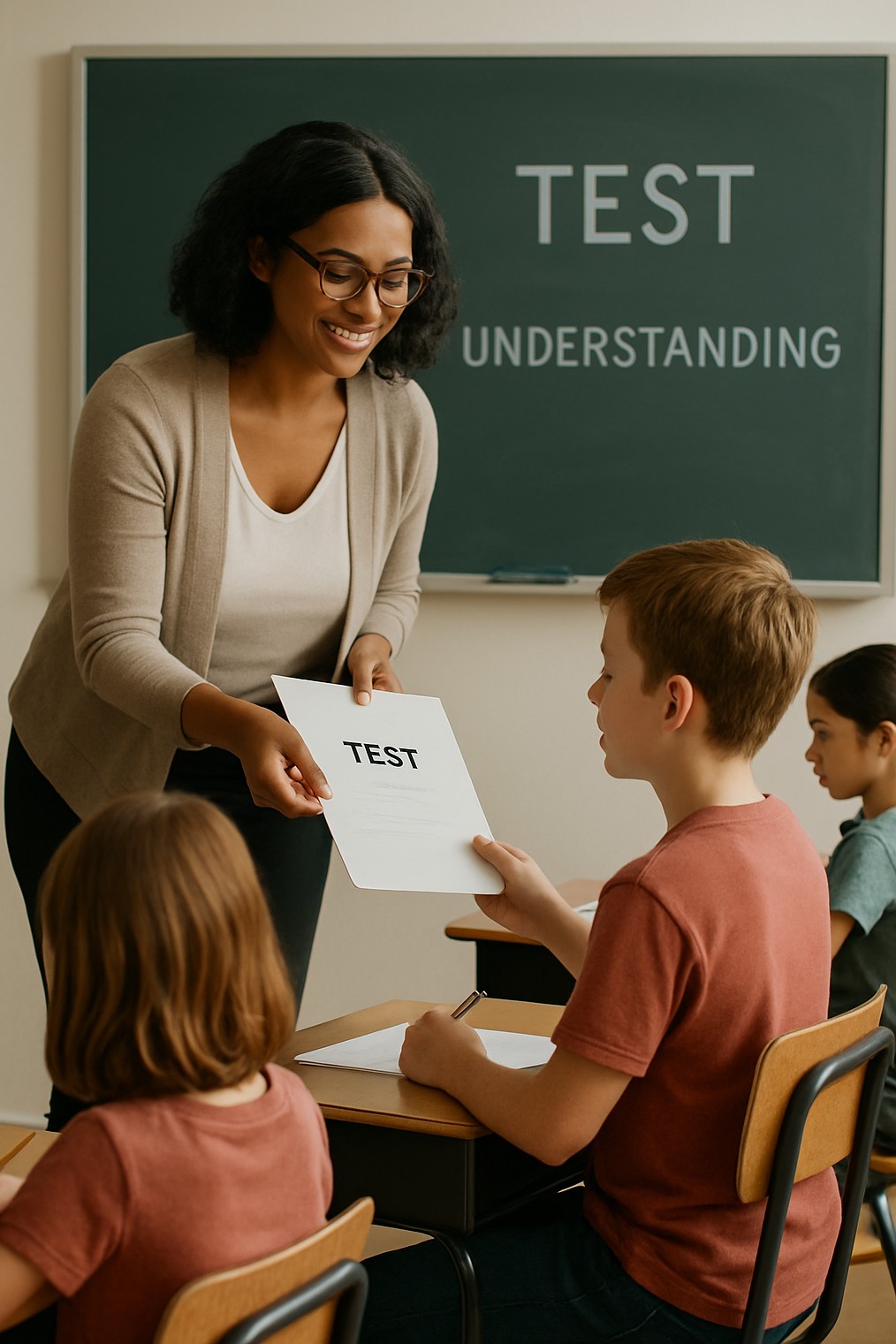 Teacher giving test to students to evaluate understanding